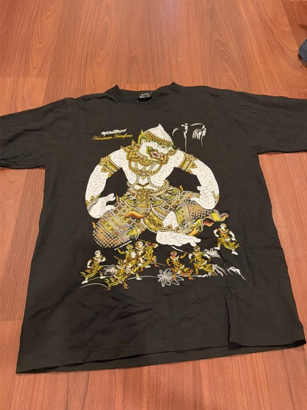 Vintage Thai Mythology Hanuman Transform Graphic T-Shirt Black Ramakien Art Tee